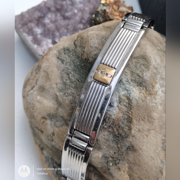 Channel Set Natural Diamond 10K Solid Gold Stainless Steel Panel Link Bracelet - Picture 6 of 8